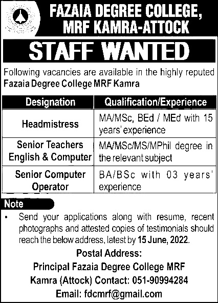 FAZAIA College Jobs 2023