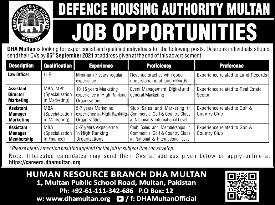 Defence Housing Authority DHA Multan Jobs 2023