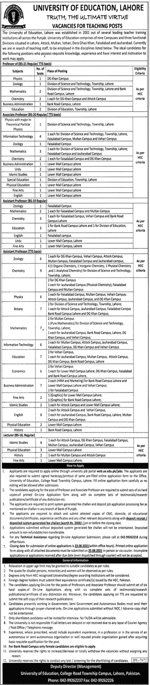 University of Education UE Lahore Jobs 2022