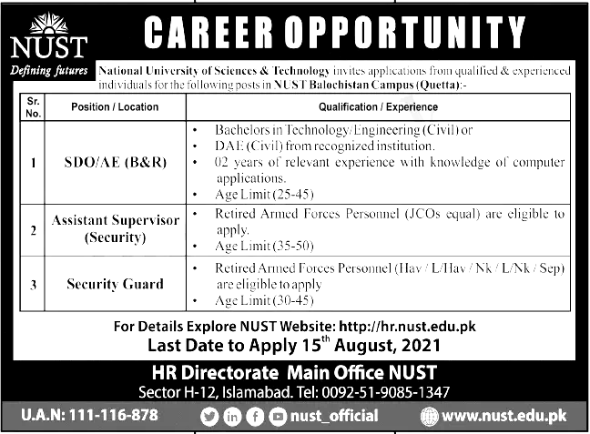 National University of Science & Technology NUST Quetta Campus Jobs 2022