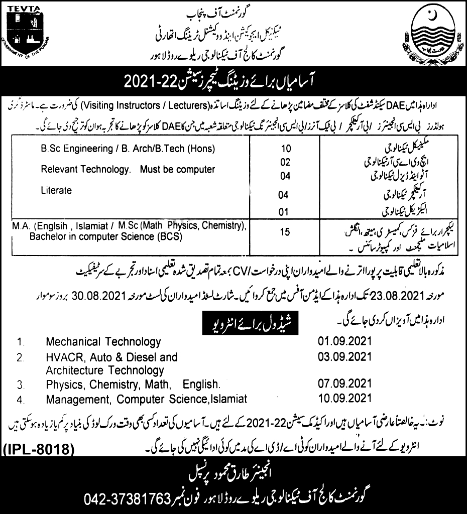 Government College of Technology Lahore Jobs 2023