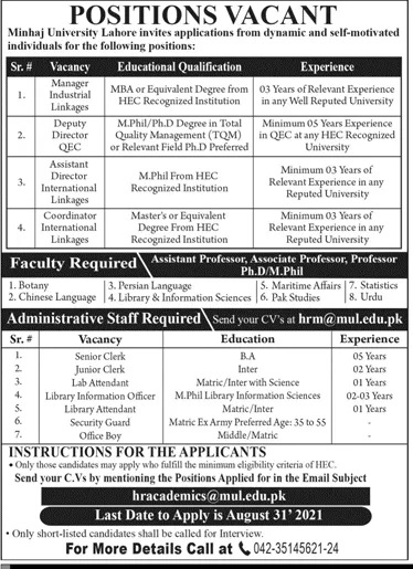 Minhaj University Lahore MUL Jobs 2022