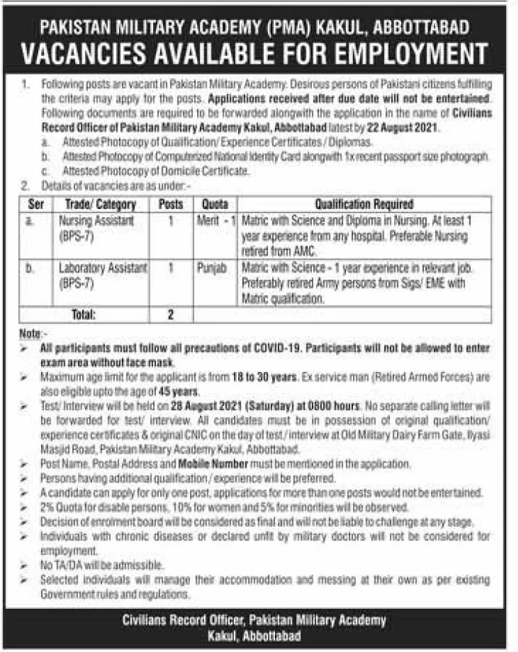 Pakistan Military Academy PMA Kakul Abbottabad Jobs 2024