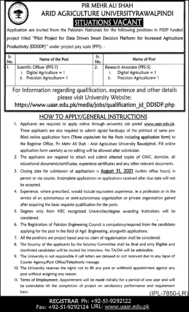 Pir Mehr Ali Shah ARID Agriculture University Rawalpindi Jobs 2023