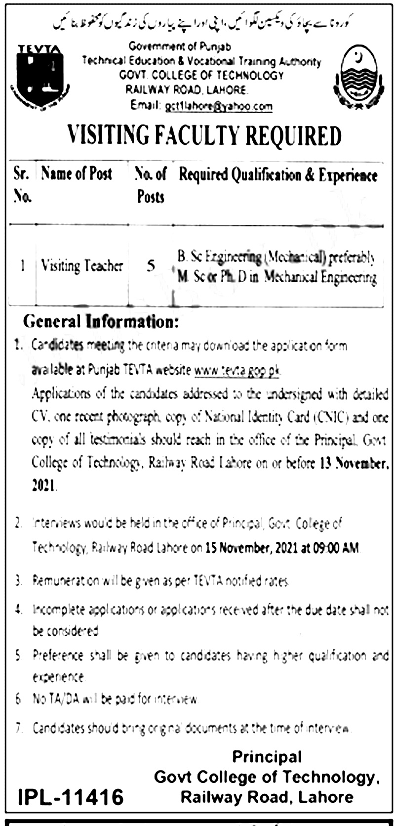 TEVTA Jobs 2021 Government College of Technology GCT Lahore Jobs