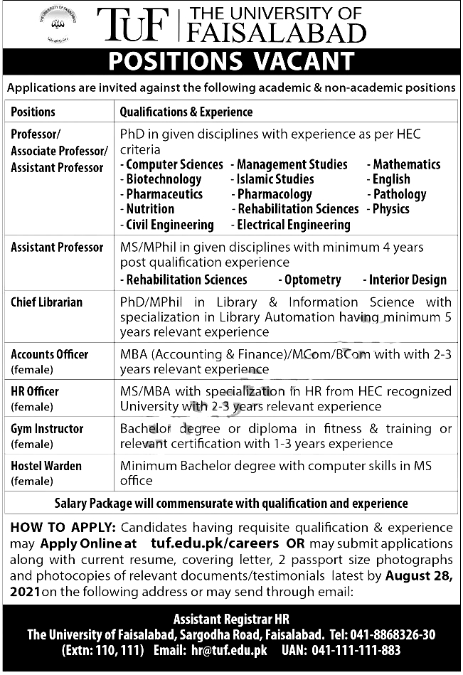 The University of Faisalabad TUF Jobs 2023