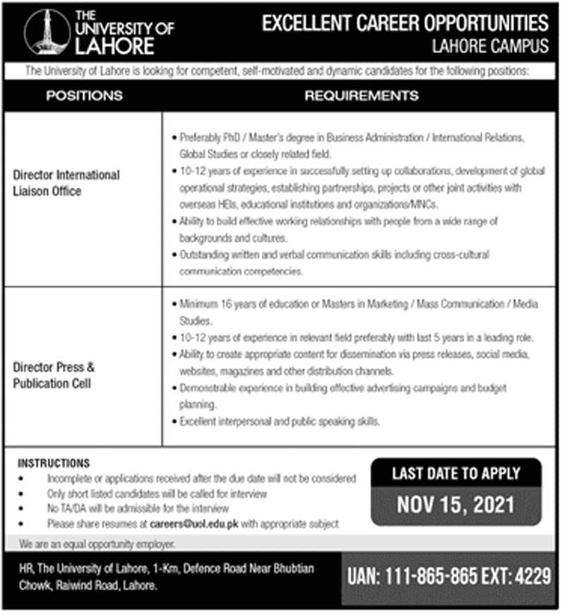 University of Lahore UOL Jobs 2021
