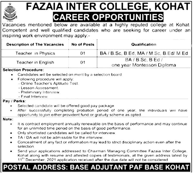 Fazaia Inter College Samungli Quetta Jobs 2024
