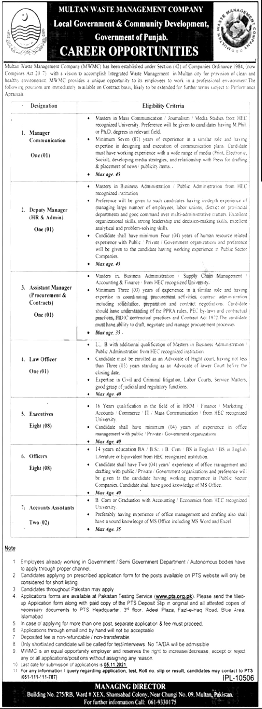 Multan Waste Management Company PTS Jobs in MWMC 2023 