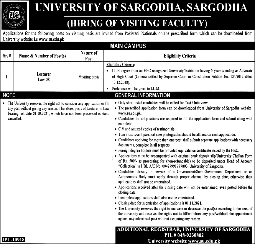 University of Sargodha UOS Jobs 2021 – Apply Now www.su.edu.pk