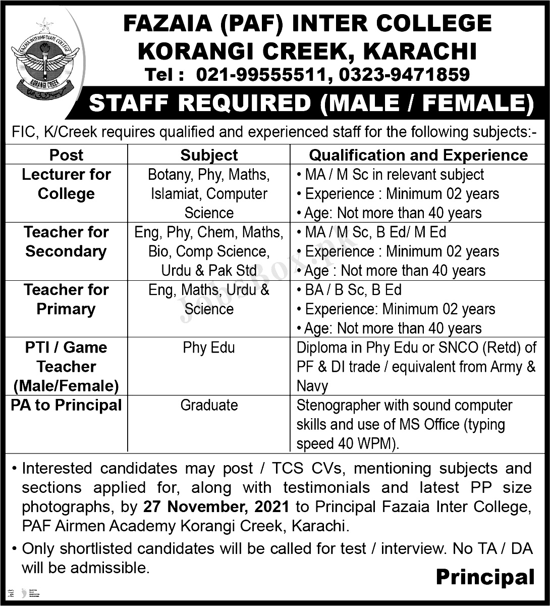 Fazaia Inter College Korangi Creek Karachi Jobs 2024 