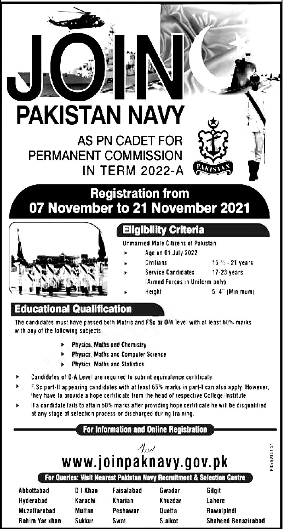 Join Pak Navy PN Cadet Jobs 2022 www.joinpaknavy.gov.pk