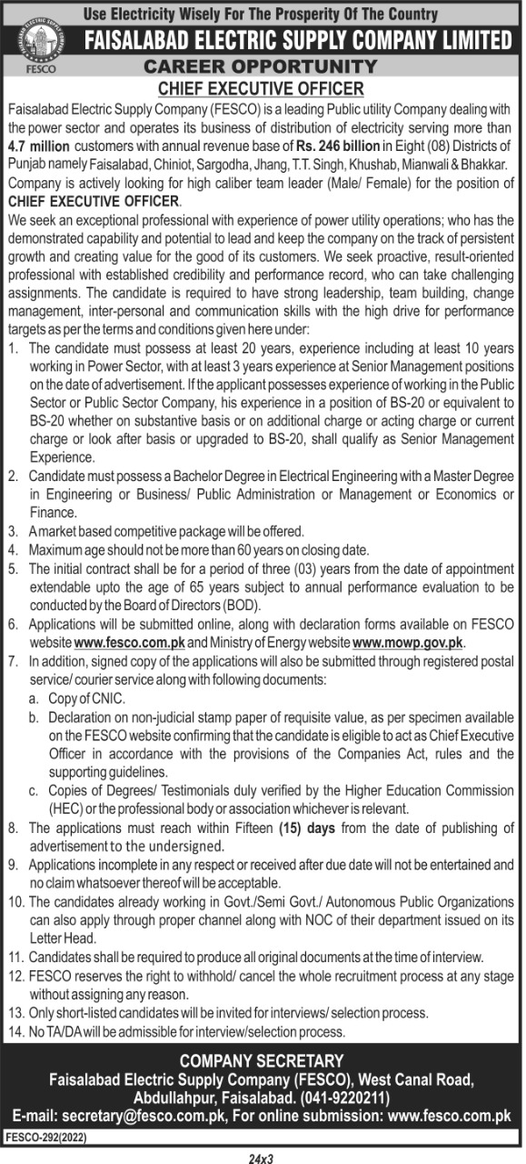 Faisalabad Electric Supply Company FESCO Jobs 2024
