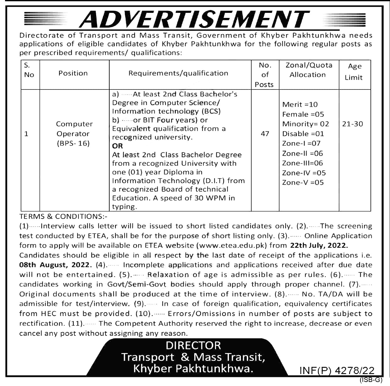 Directorate of Transport and Mass Transit KPK Jobs Advertisement 2023