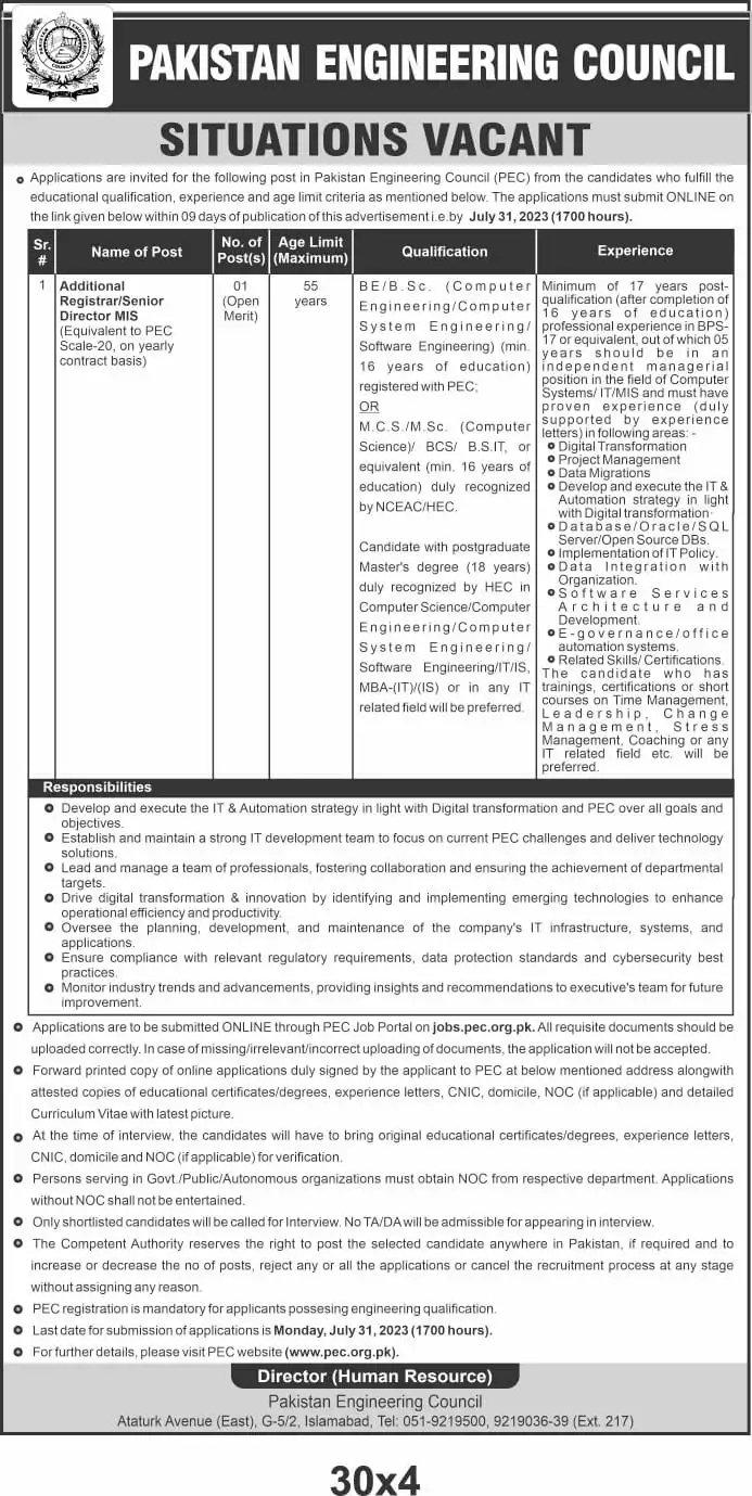 Pakistan Engineering Council PEC Jobs 2023 Apply Online