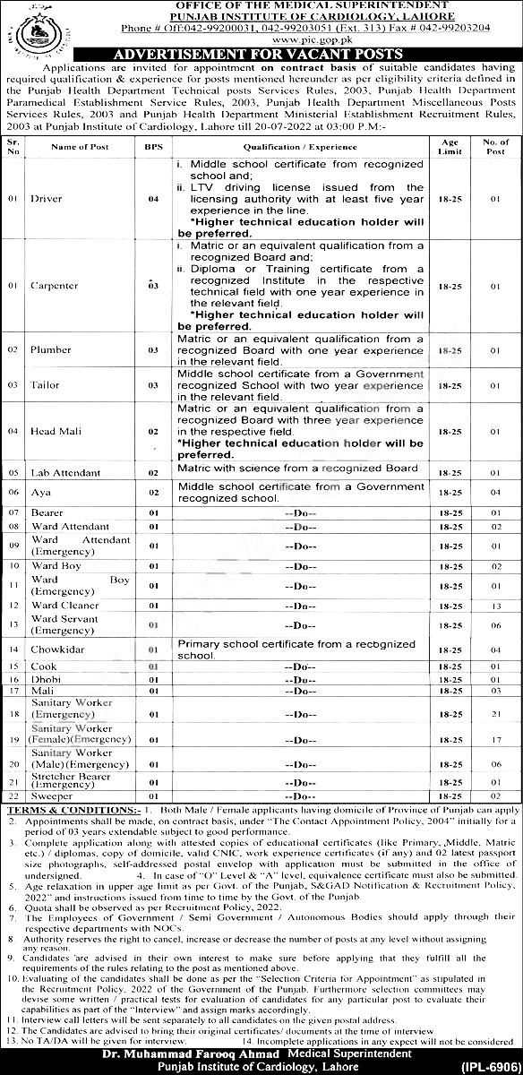 Punjab Institute of Cardiology Lahore Jobs