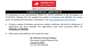 Pakistan Post Office Jobs Date Extended