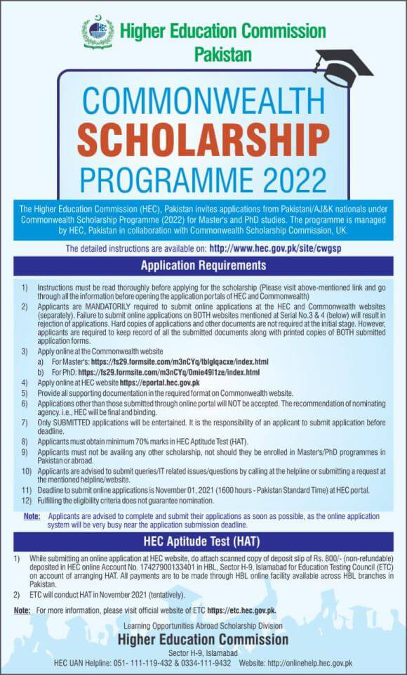 Commonwealth Scholarships For Pakistani Students In UK 2023 ad