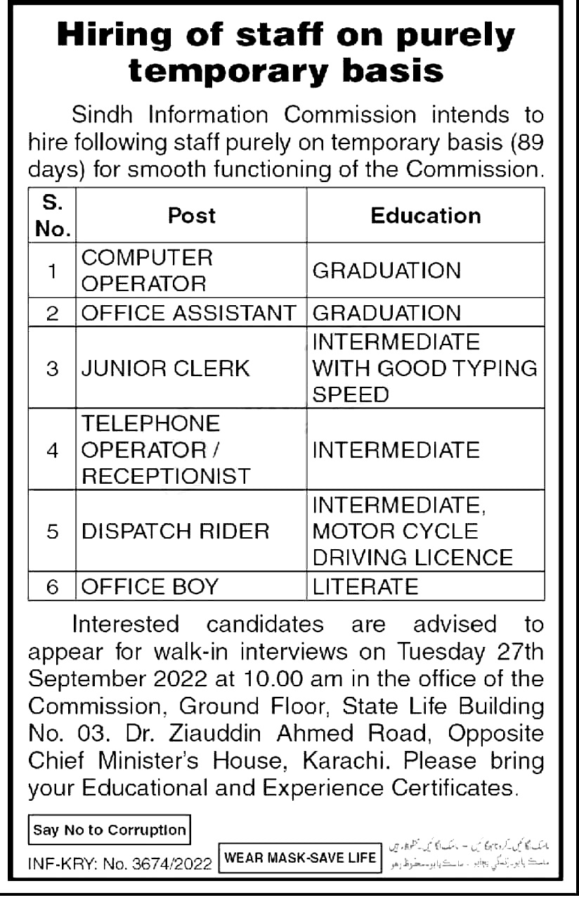 sindh information commision jobs 2024