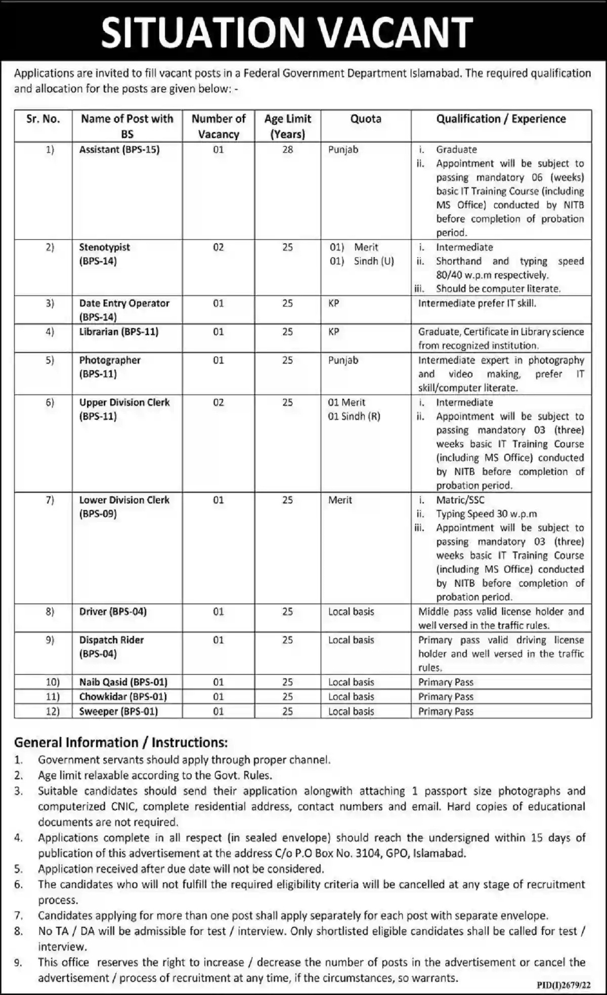 PO Box 3104 Islamabad Jobs 2023 in Federal Government