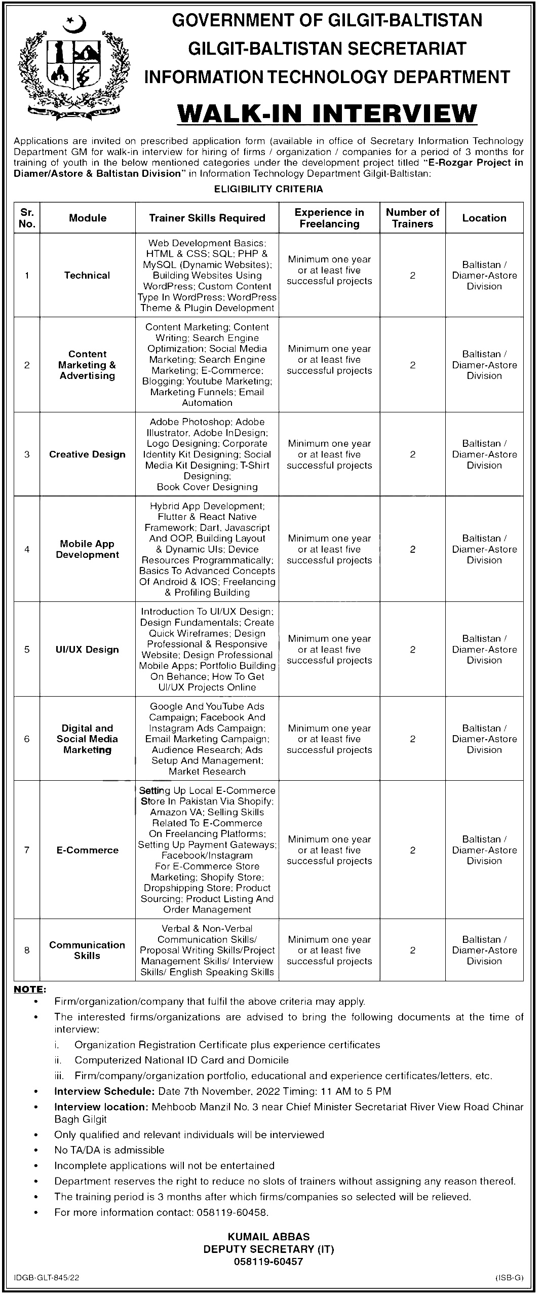 Gilgit Baltistan IT Department Hiring Youth Training Firm ad