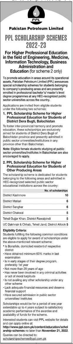 Pakistan Petroleum Limited (PPL) Scholarship Scheme 2023-23