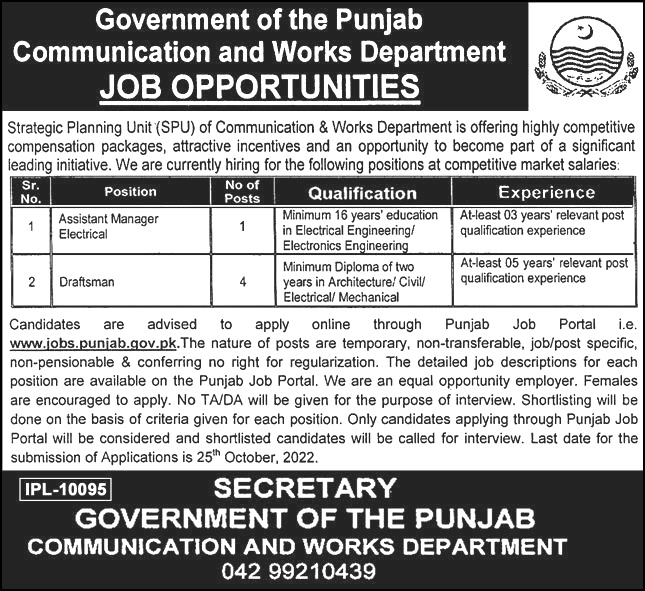Punjab communication and works department jobs 2023