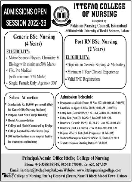Ittefaq Hospital Nursing School Admission 2023 Advertisement