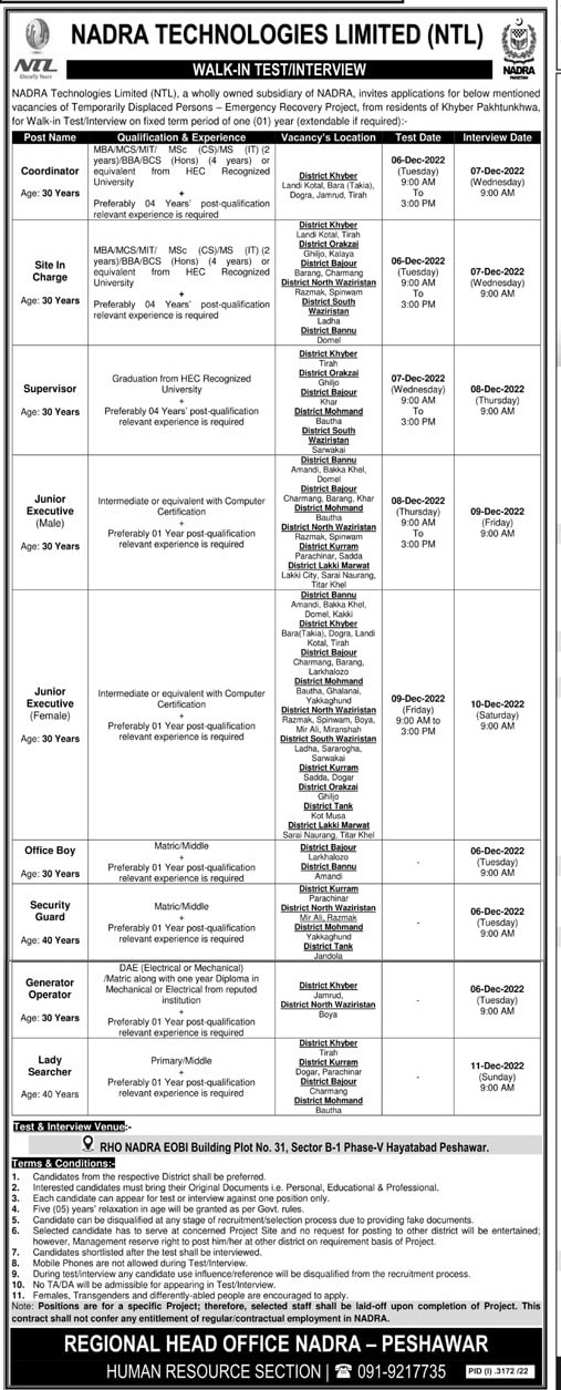 NADRA Regional Head Office Peshawar Jobs 2023