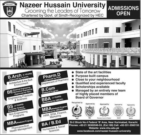 Nazeer Hussain University Karachi Admission 2023 Advertisement