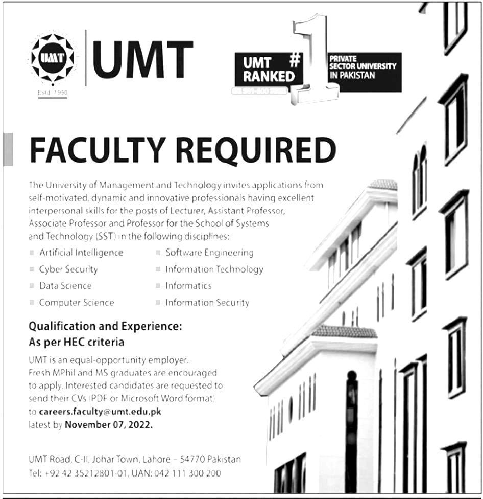 UMT Jobs 2024 | University of Management and Technology