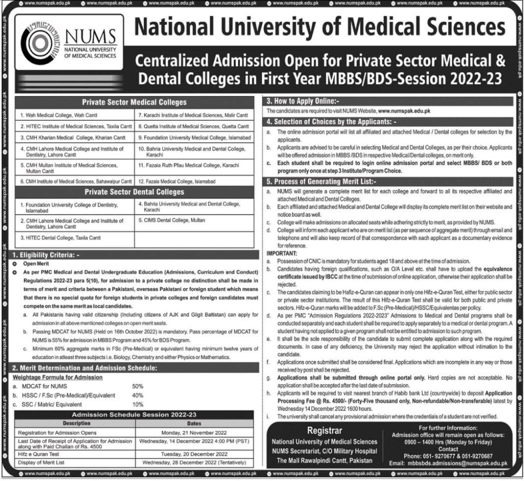 NUMS Private Medical Colleges Admission 2024 Advertisement
