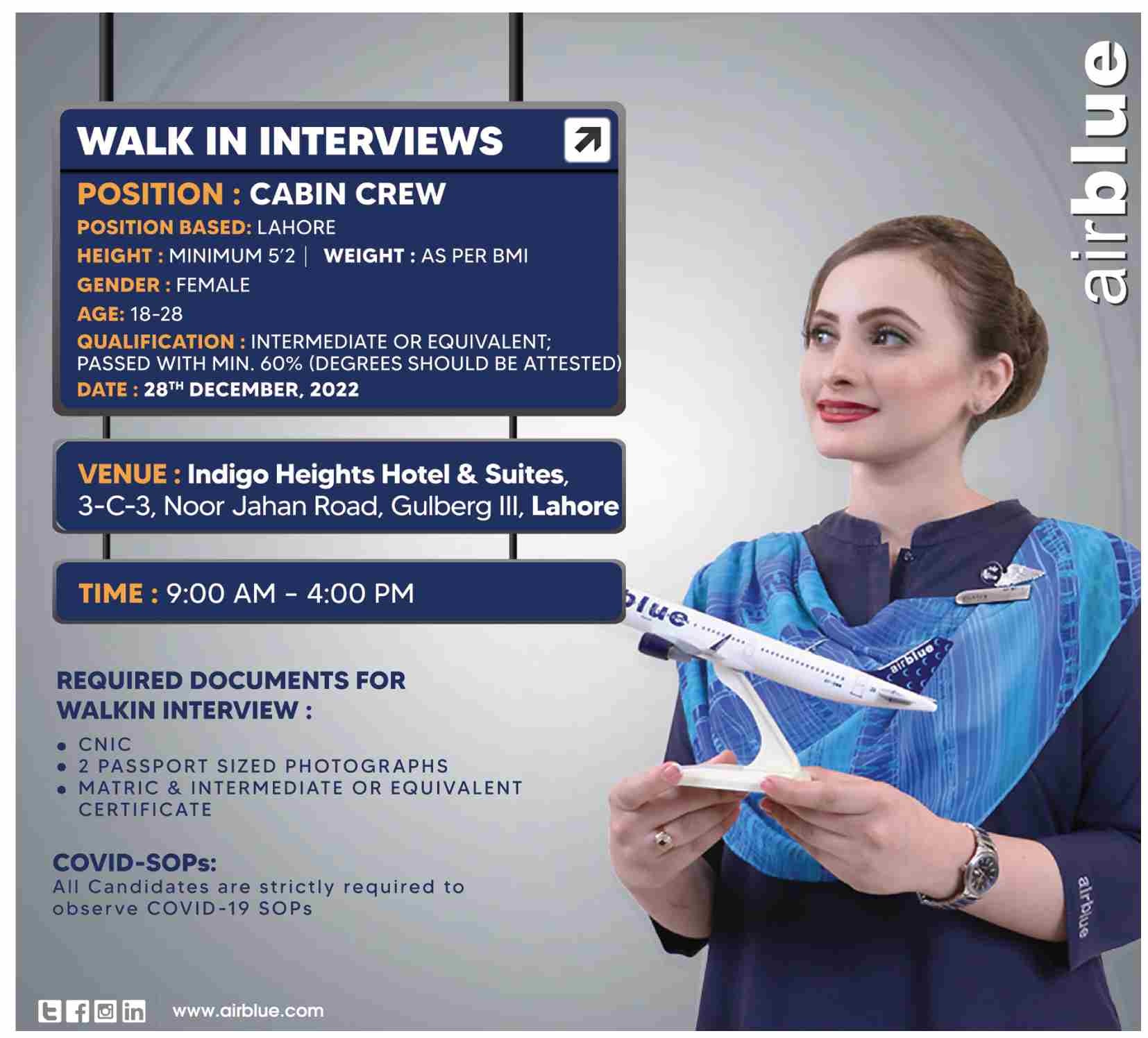 Air Blue Cabin Crew Jobs 2023 Apply Online Last Date