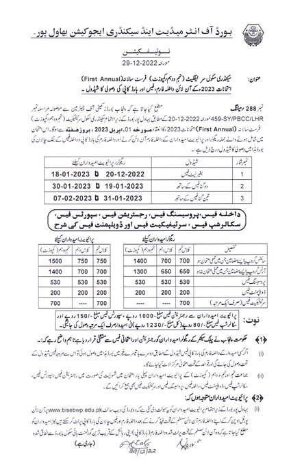 BISE BWP 9th,10th Class Admission Form 