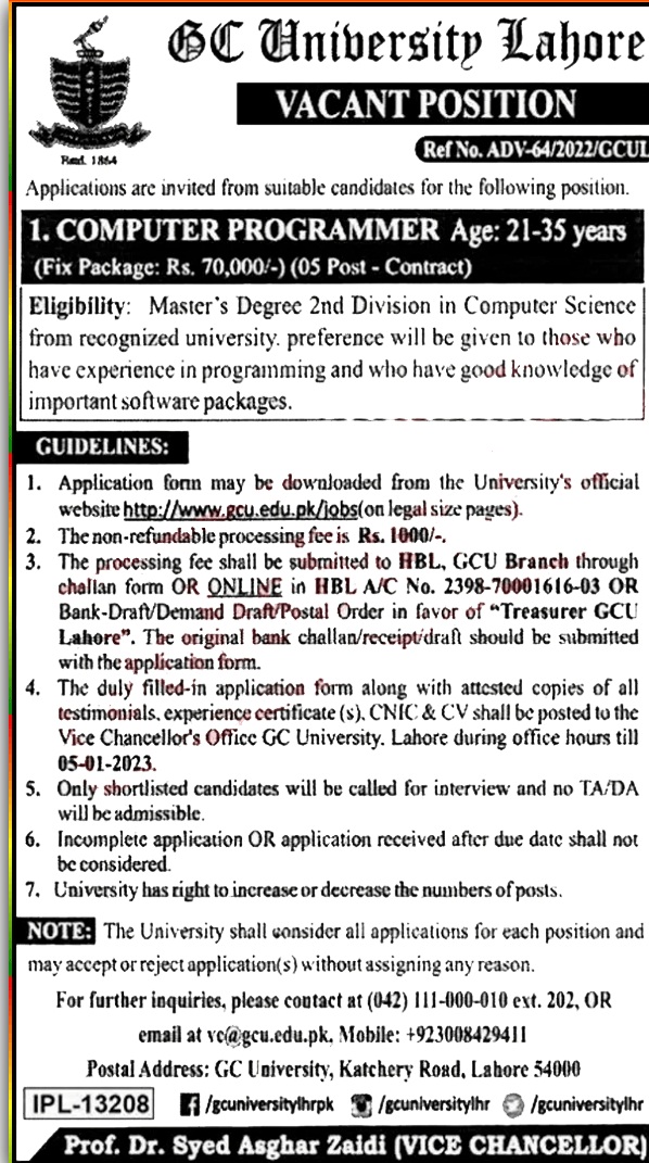 GC University Lahore Jobs 2023-23 Apply Online Last Date