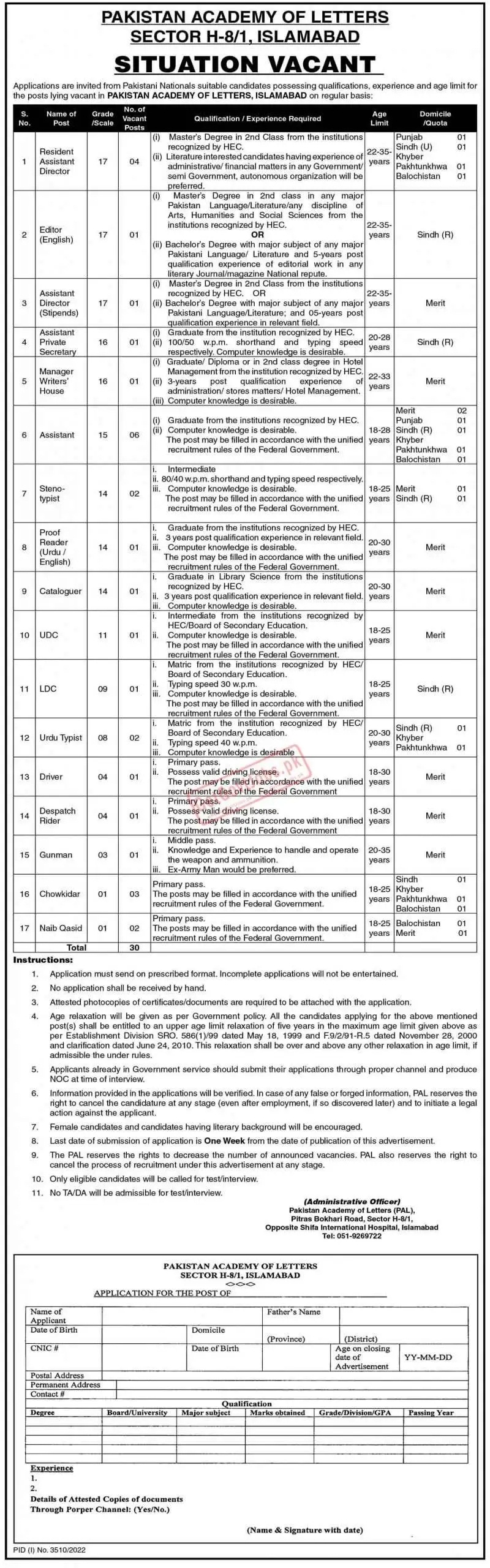 Pakistan Academy of Letter PAL Jobs 2023-23 Application Form