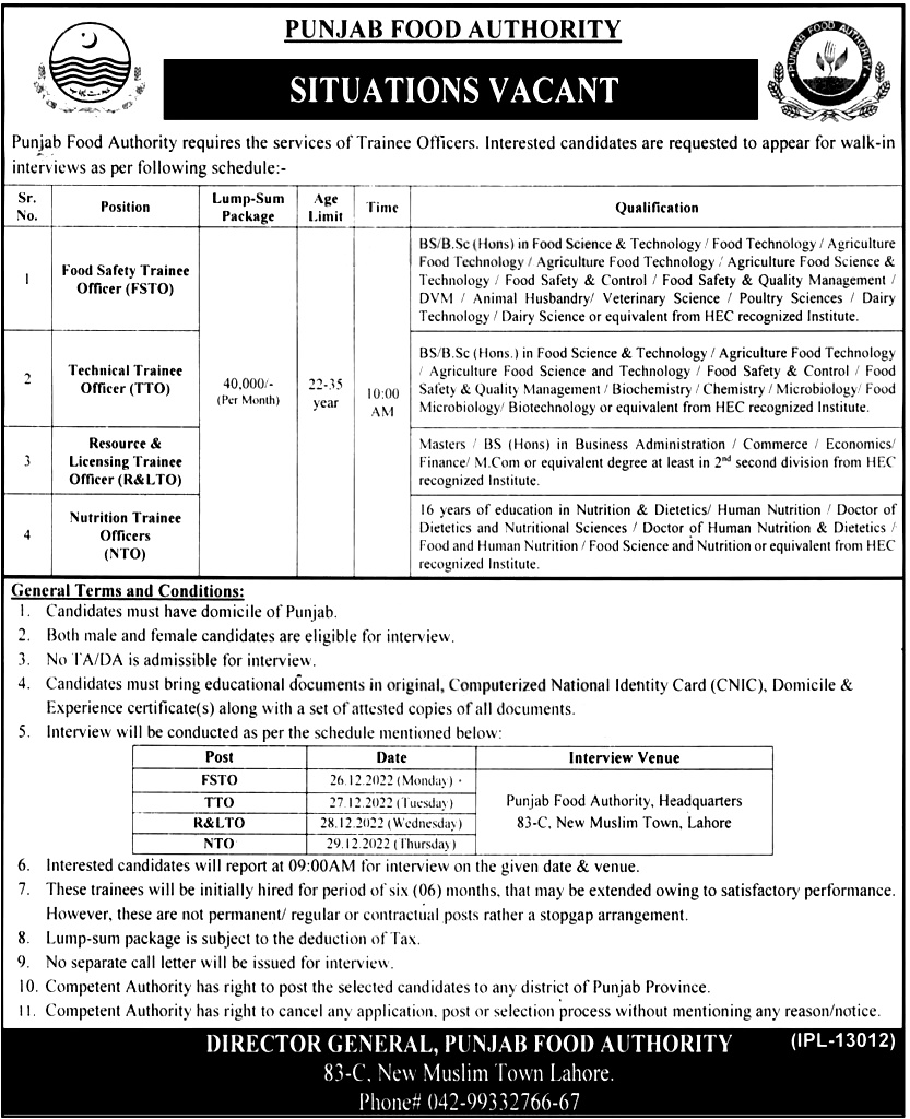 Punjab Food Authority Jobs 2023 Advertisement for Trainee Officers