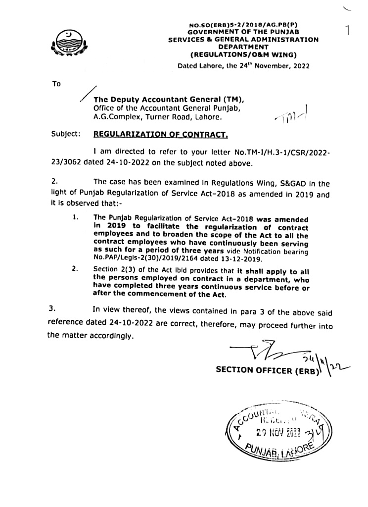 Regularization of Contract Employees By Punjab Govt Notification