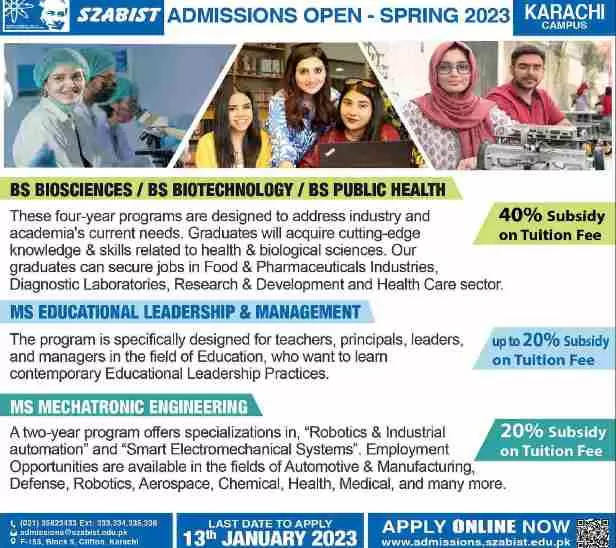 SZABIST Karachi Admissions 2024