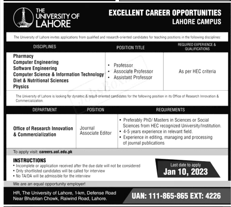 University Of Lahore Jobs 2023 Apply Online Uol Advertisement