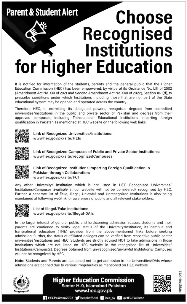 Choose Recognized institutions for Higher Education Parent