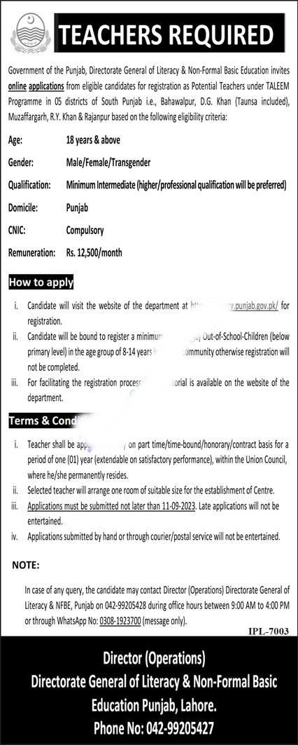 Teacher Jobs in Punjab Education Department 2023 Apply Online