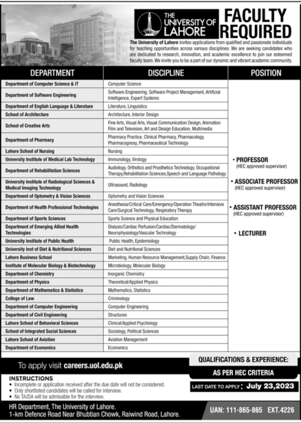 University of Lahore Jobs 2023 Apply Online | UOL Advertisement