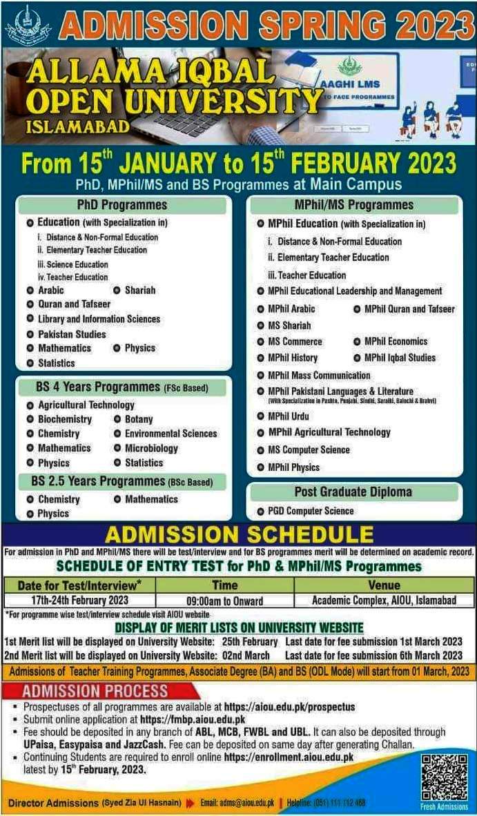  AIOU Admissions For Spring 