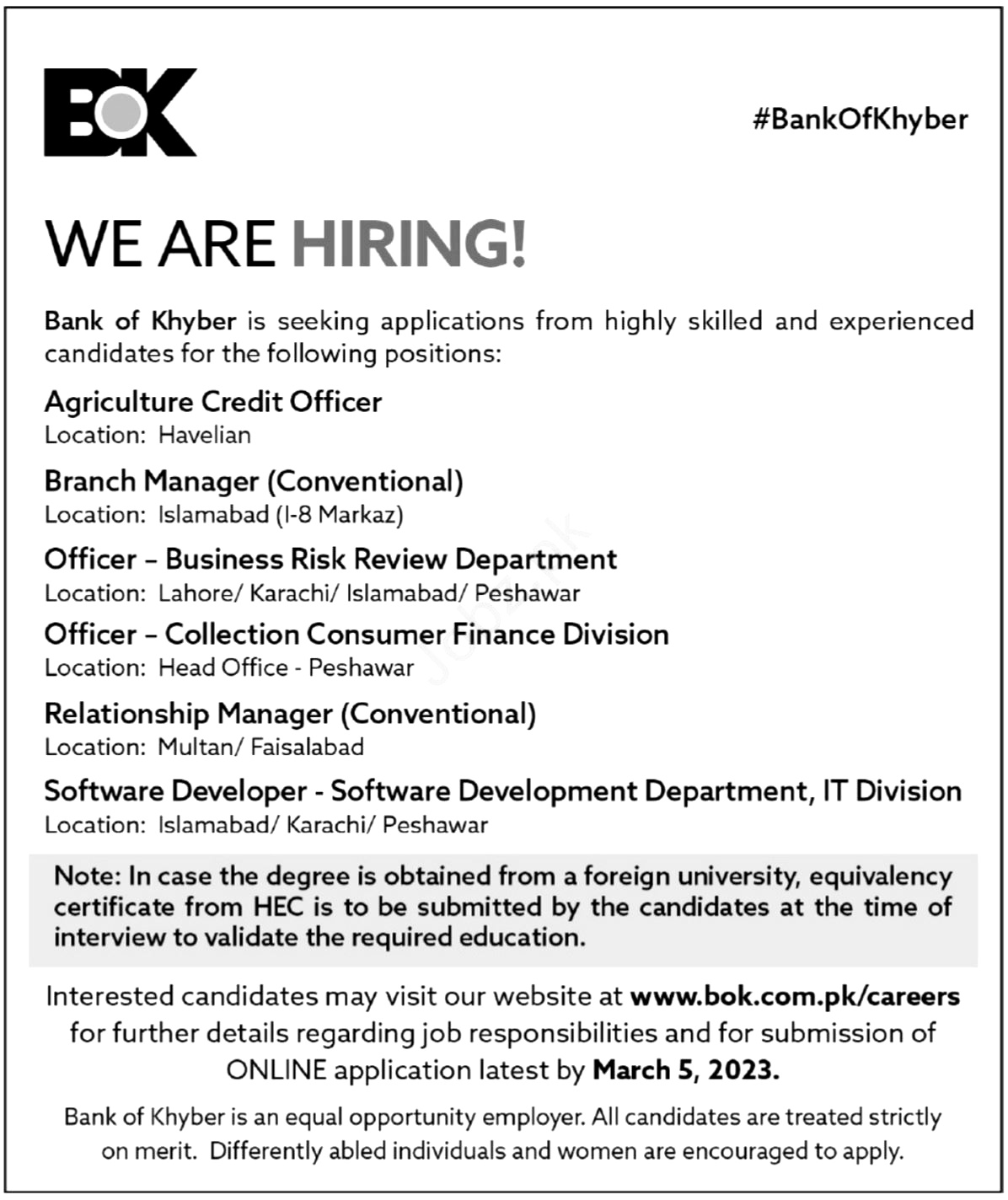Bank of Khyber Jobs 2023 Apply Online | Advertisement Paper