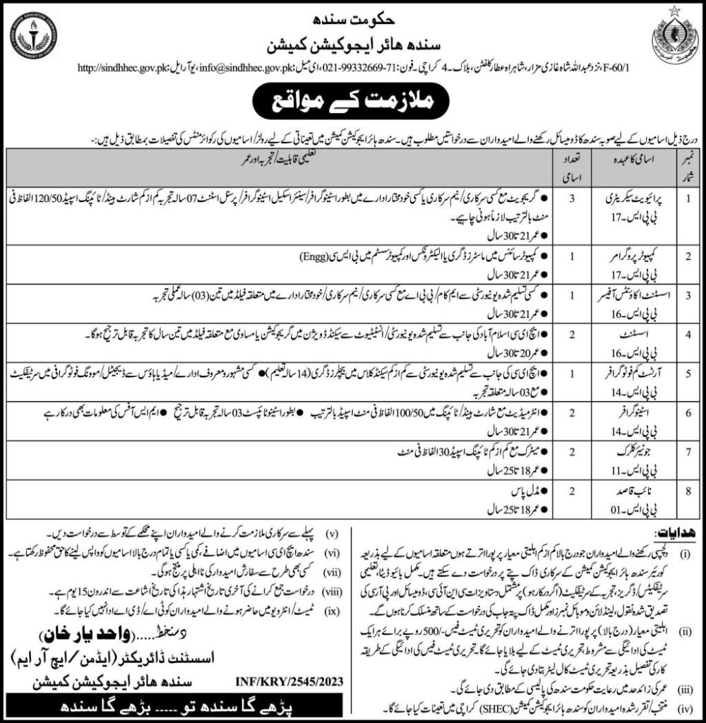 Sindh Higher Education Commission Jobs 2023 Apply Online