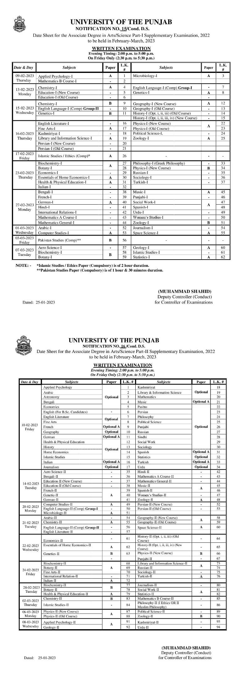 Punjab University BA BSC Date Sheet 2023