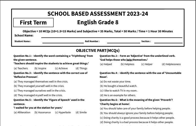 School Based Assessment 2023 SBA grade 8 Answer Keys