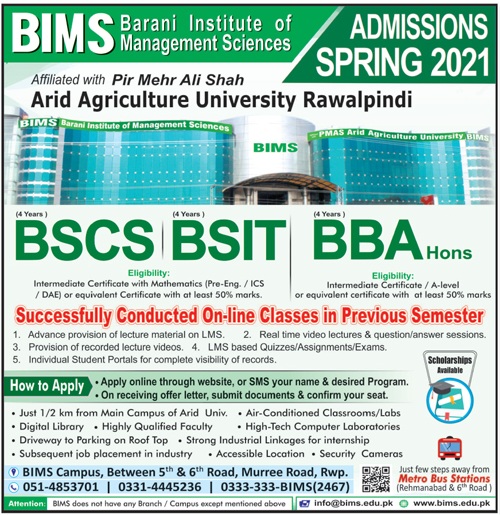 PMAS Arid Agriculture University Rawalpindi BBA, BSIT Admission 