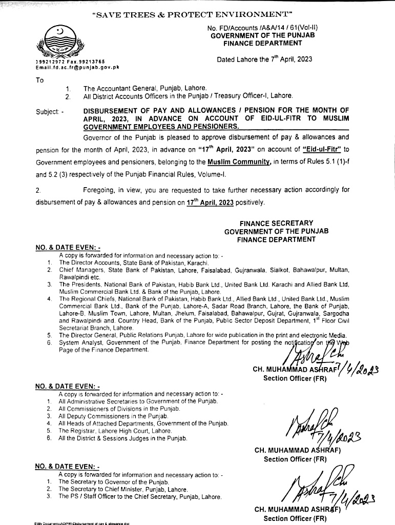 Punjab Govt Salaries & Pensions Disbursement in Advance Notification